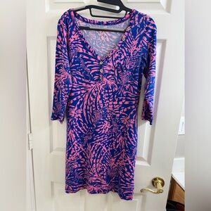 Lilly Pulitzer Blue & Pink Floral Print T-Shirt Dress Size S